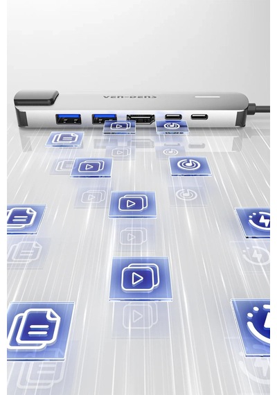 Ven-dens Vd-adp019 6 Sı 1 Arada Usb-c Hub Adaptör, 4k 30 Hz Hdmı, 90 W Pd, Usb 3.0 Ve Rj45, Gri