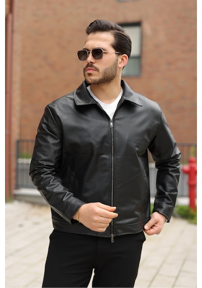 Mero Life Erkek Old Money Mevsimlik Boxy Fit Deri Ceket & Mont - Siyah