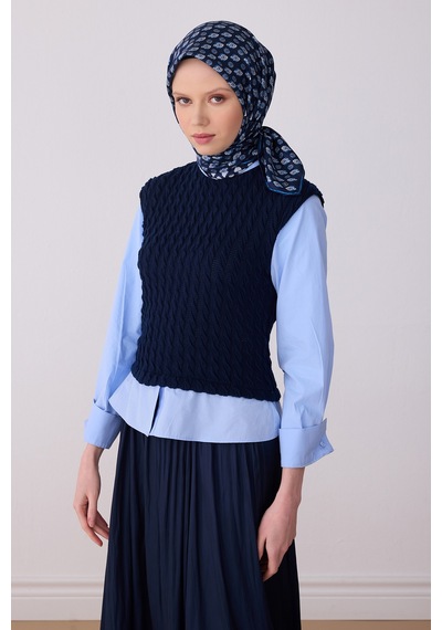 Etnik Desen Saf İpek Twill Eşarp 4308 Lacivert