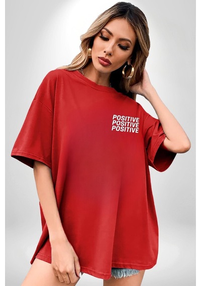 Positive Enerji Emoji Gülen Surat Kırmızı Oversize Unisex Ön Ve Sırt Baskılı Tişört Kırmızı