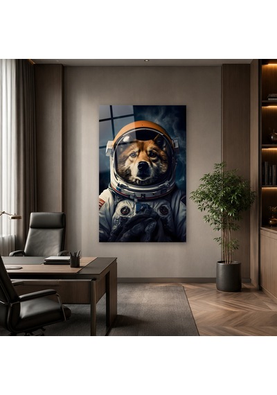 Astronot Giysili Köpek Çerçevesiz Cam Tablo