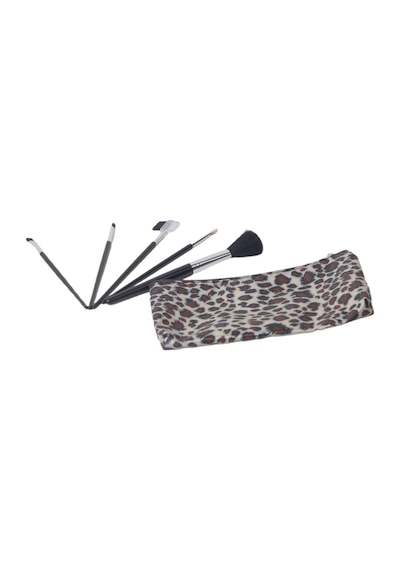 Touch Of Beauty Makyaj Fırça Seti 5li Make-up Brush Seti Çanta Boy & Leopar Desenli Çanta