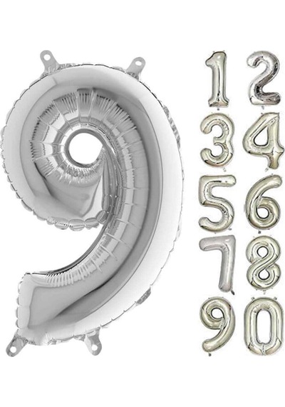 9 Yaş Rakam Folyo Balon Gümüş Silver 100 CM Doğum Günü. Yaşgünü.