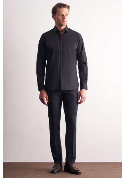 İmza Siyah Yarım İtalyan Yaka Uzun Kol Premium Slim Fit Pamuklu Gömlek 1004255198 Siyah