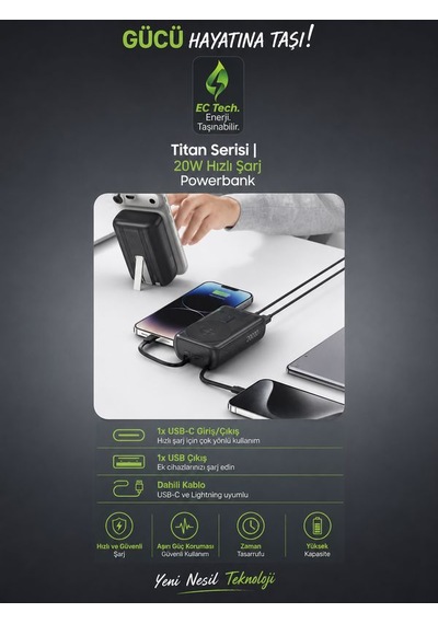 22.5w Hızlı Şarj Powerbank Type-c Giriş Çıkışlı Kablolu Magsafe Uyumlu Taşınabilir Şarj Cihazı Siyah