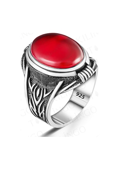 Takılingo 925 Ayar Gümüş Ateş Kehribar Taşlı Usta İşi Erkek Yüzük Gümüş