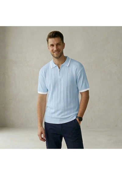 Fermuarlı Polo Yaka Kısa Kollu Triko T-shirt Bebe Mavi