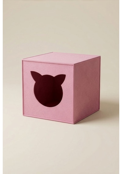 Pembe Keçe Kedi Yuvası Dekoratif Mama Kabı Altlığı Hediyeli Organizer Düzenleyici Katlanabilir