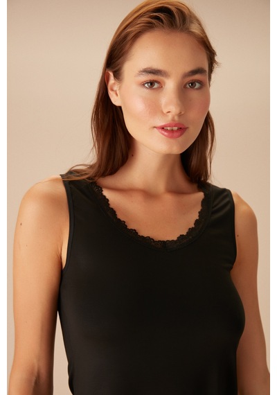 Suwen Soft Touch Kalın Askılı Dantelli Atlet St6830607p012 Siyah