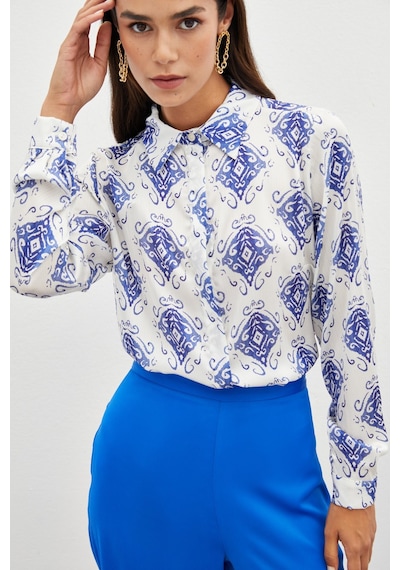 Sateen Desenli Düz Gömlek - Saks Mavisi-134815 Saks
