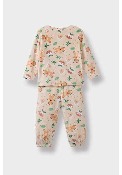 Defacto Erkek Bebek Pijama Takımı Yılbaşı Temalı Uzun Kollu Velur Üst Uzun Alt F5561a525wnbg358 Bej-bg358