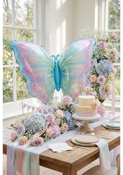 Pembe Mavi Kelebek Folyo Balon 82x52 Cm Kelebek Temalı Doğum Günü Parti Süsü Çok Renkli