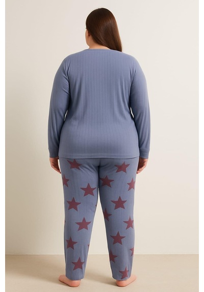 Pemilo Kadın 05117 Büyük Beden % 100 Pamuk Raporlu Pijama Takımı İndigo