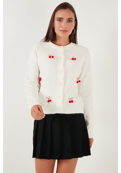 Lela Premium Regular Fit Bisiklet Yaka Kiraz Süslemeli Bayan Hırka 6802939A Ekru