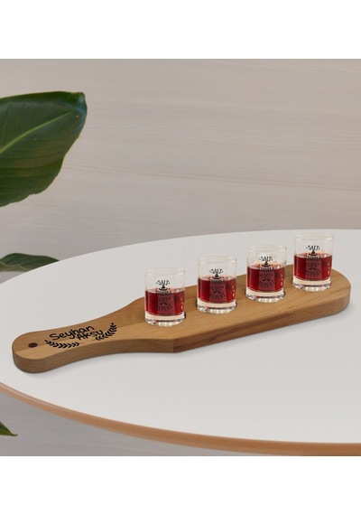 Kişiye Özel Masif Ahşap Tekila Sunum Tepsisi Ve 4 Lü Shot Bardak Seti - Model 4
