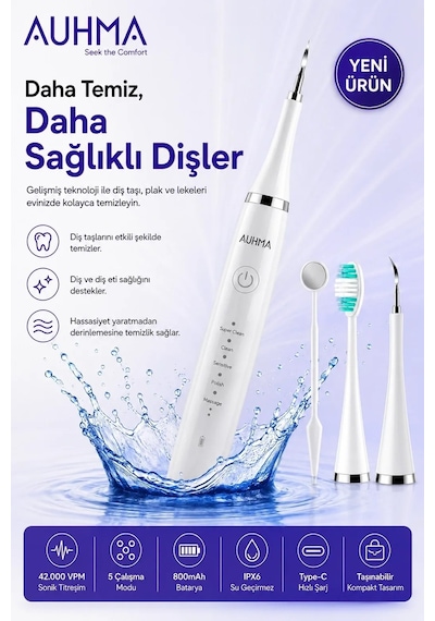 Ultrasonic Şarjlı Elektrikli Akıllı Diş Temizleme Cihazı Beyazlatıcı 5 Mod 3+1 Başlık Beyaz