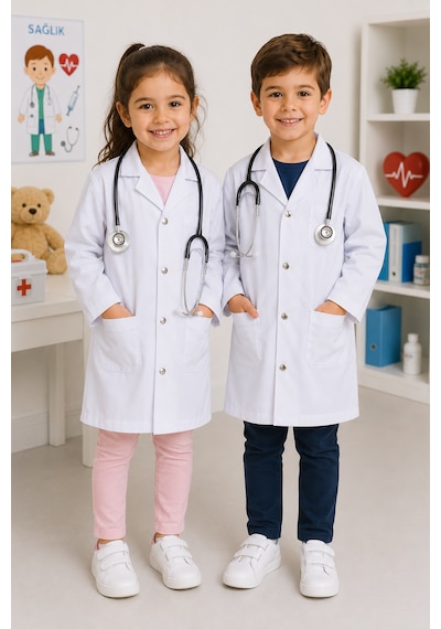 Lalvera Kız Erkek Cocuk Doktor Önlüğü, Laboratuvar Öğretmen Kıyafeti Kostümü - Çocuk Hemşire Önlük Beyaz