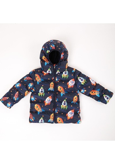 Spor Kız Çocuk Polarlı Kürklü Kapüşonlu Roket Desenli Şişme Mont Parka-98 Lacivert