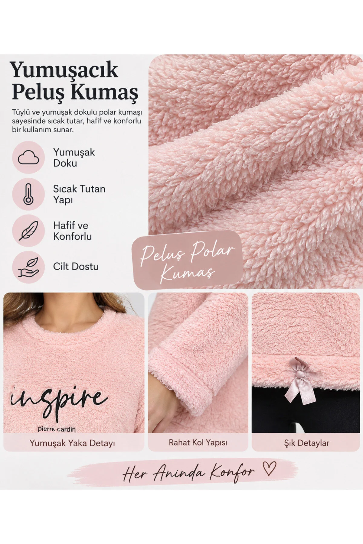 Neco Giyim Kadın Pembe Peluş Polar Pijama Üstü Yumuşak Tüylü Kışlık Ev Giyim Sweat