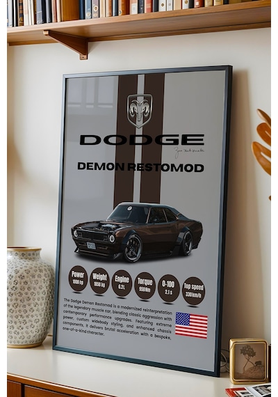 Dodge Demon Restomod Araba Tablosu - Teknik Özellikli Otomobil Poster - Çerçeveli Duvar Dekoru Siyah
