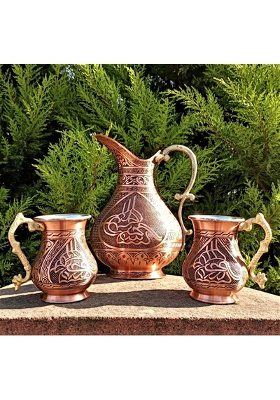 Tuğralı 1 Mm Kalın Bakır Sürahi ve Maşraba Takımı
