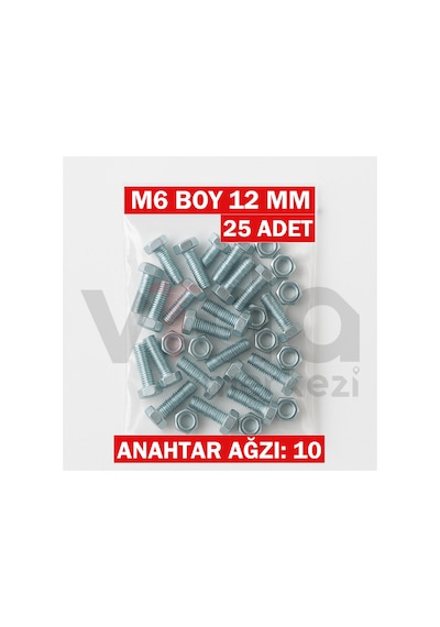 M6x12 Altı Köşe Cıvata + Somun Takımı Çinko Kaplı 25 Adet Takım 1