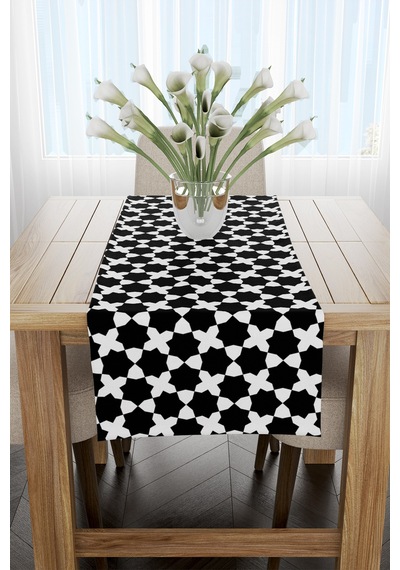 Siyah Beyaz Yedigen Desenli Runner 40x140cm Siyah