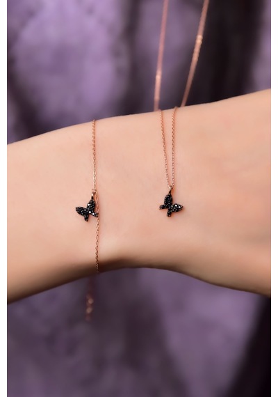 Papatya Silver 925 Ayar Gümüş Rose Kaplama Siyah Zirkon Taşlı Mini Kelebek Kolye ve Bileklik Set