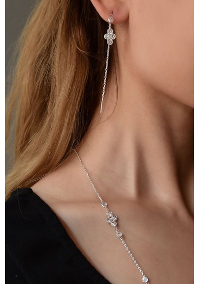 Papatya Silver 925 Ayar Gümüş Rodyum Kaplama Taşlı Tasarım Kolye Küpe Set