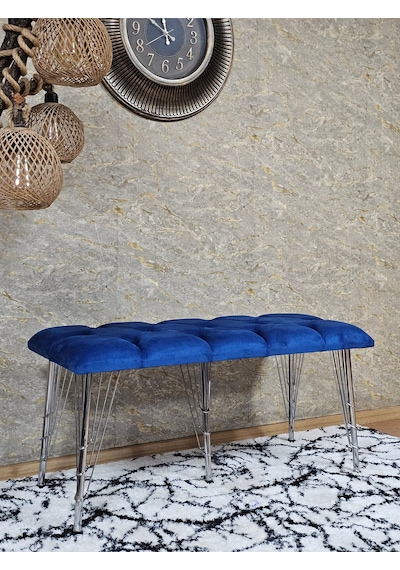Zafir Metal Krom Tel Ayaklı 100 Cm Puf Bench - Puf - Bench - Oturak - Mutfak Oturağı - Antre Oturağı Mavi