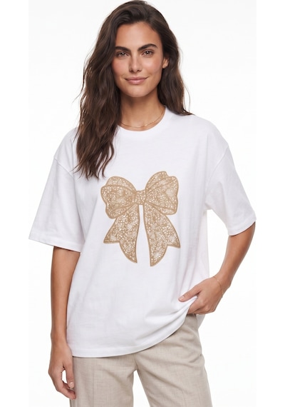 Onloox Kadın Beyaz-bej Beyaz Bej Pamuklu Bisiklet Yaka Kısa Kollu Oversize Kadife Fiyonk Baskılı Basic T-shirt