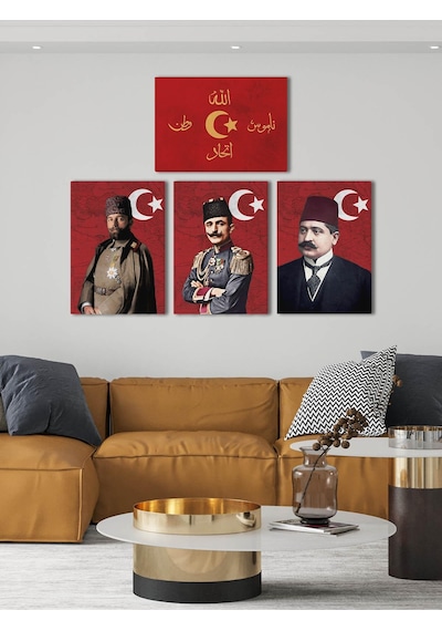 İttihat Terakki Sancağı Kanvas Tablo Seti 4'lü 40x55cm Enver Paşa Talat Paşa Cemal Paşa İttihat Bayrağı