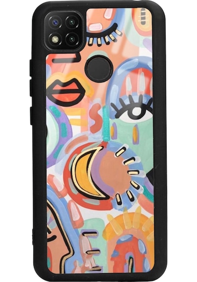 Xiaomi Redmi 9c Suluboya Retro Göz Tasarımlı Glossy Telefon Kılıfı Siyah