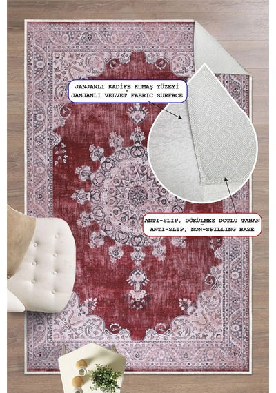 Kilim Desenli Baskılı Kaymaz Yıkanabilir Salon Oturma Odası Mutfak Antre Halısı Yolluk Bordo