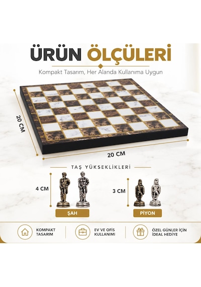 Lüks Metal Satranç Takımı Osmanlı Bizans Figürlü Krom Kehribar Mermer Desenli 20 X 20 Premium Hediye