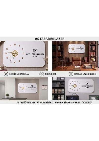 Odak Serisi: Modern Ve Kişiselleştirilebilir Ahşap Duvar Saati 80x50 Cm Beyaz Üzeri Gold Renk Altın - Beyaz