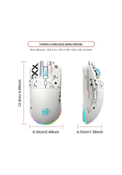 T90 Kablosuz 3 Modlu Mouse -650 Mah Batarya - 4800 Fps Özel Baskılı Tasarım - Rgb Diğer