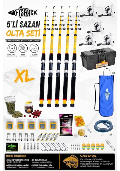 Full Set Profesyonel 5'li Sazan Olta Seti - Xl - Kırılmaz Kamış - 3.60m/50-gr