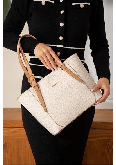 Just Polo Günlük Kombinlere Uygun Kadın Büyük Boy Lüks El Çantası Ebat : 24 X 27 Cm Shopper Krem - Camel