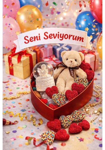 Aşk Dolu Hediye Kalp Kutuda Melek Kar Küresi & Ayıcık & Jelibon Şeker Sevgililer Günü Hediye Seti