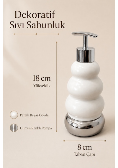 Trıo Dekoratif Premium 3 Boğumlu Sıvı Sabunluk 300 Ml Krom Görünümlü Pompalı Pastel Yeşil Banyo Ve Mutfak Sabun Dispenseri - 18,5 Cm X 7 Cm Beyaz