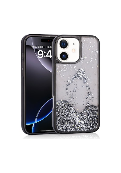 Zore İphone 12 Kılıf Sıvılı Simli Şeffaf Arka Yüzey Ogaa Keto Silikon Kapak - Siyah