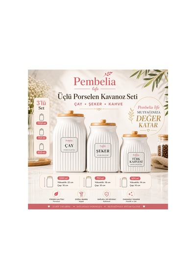 3 Boy Bambu Vakumlu Porselen Çay Şeker Kahve Kavanozu 3'lu Saklama Takımı 1000ml,750ml,500ml Beyaz Beyaz