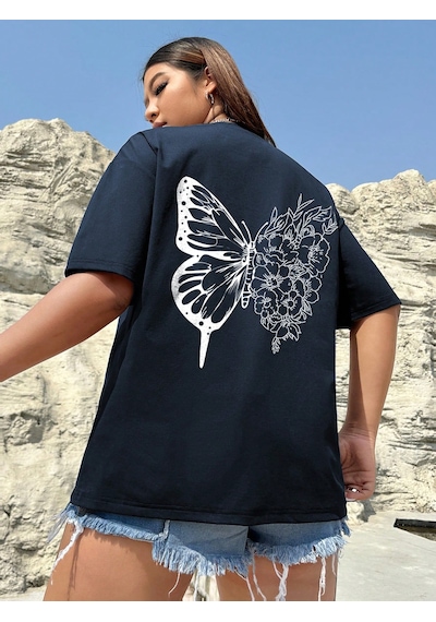 Drawing Butterflies Tasarım T-shirt Lacivert