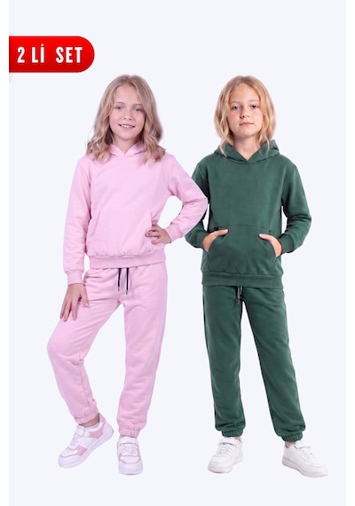 Fyk Kids 2'li Kız Çocuk Düz Kanguru Cepli Kapüşonlu 4 Parça Eşofman Takımı Pembe-haki