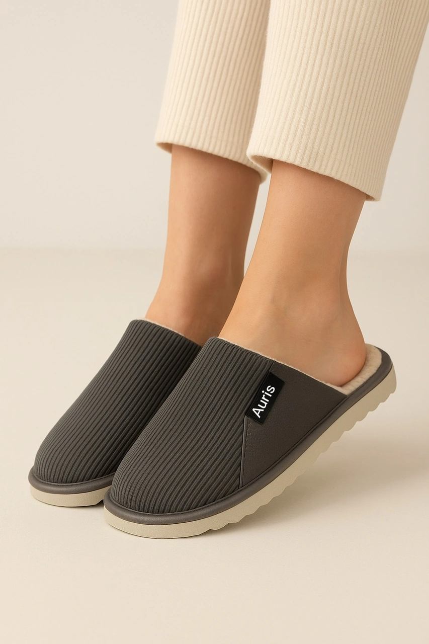 Ar-060 Unisex Kadife Kumaş İçi Kürklü Kışlık Ev Terliği Gri