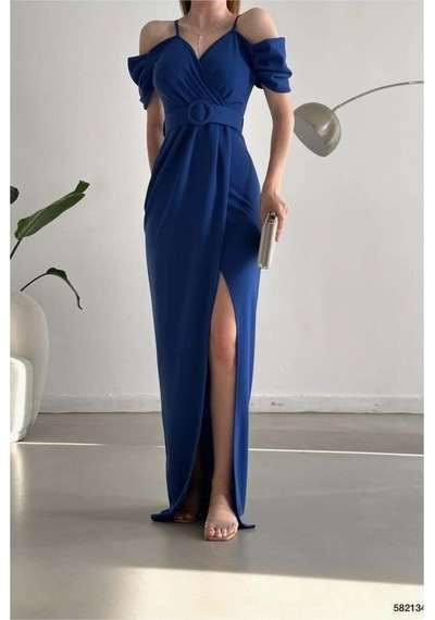Lior Design Kadın Trend Krep Kumaş V Yaka Yırtmaçlı Abiye Elbise Saks