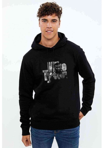 Mike Tyson Boks Baskılı Siyah Erkek Örme Kapşonlu Sweatshirt