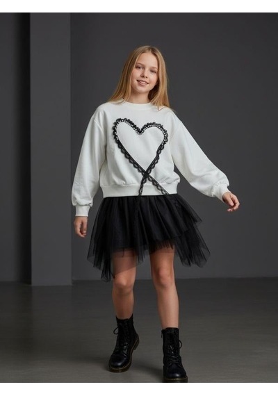 Kız Çocuk Oversize Kalp İşlemeli Tasarım Sweatshirt-16469 Ekru