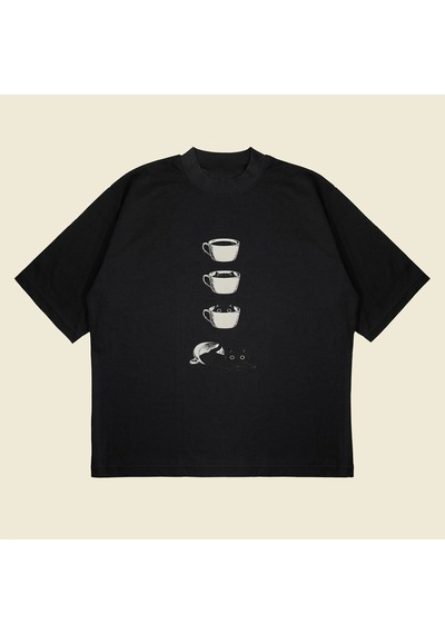 Startmore Coffee Cat Baskılı Oversize Unisex Pamuklu Nefes Alan Kalın Kumaşlı Siyah